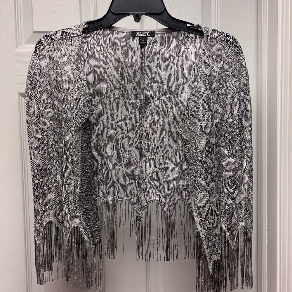 SLNY 2-Piece Metallic Lace Fringe Dress & Jacket Set – Silver (Size 18) - Picture 11 of 11